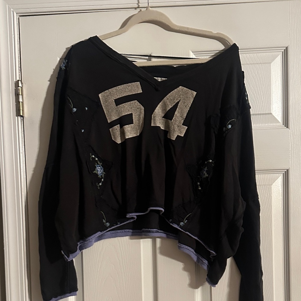 Free People Black Distressed Crop Sweater with Silver 54 Graphic